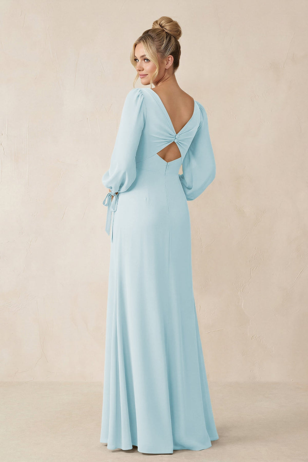 Square Neck Long Sleeve Sheath Chiffon Bridesmaid Dress in Sky Blue - KISS BRIDAL Bridesmaid Dresses