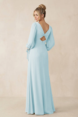 Square Neck Long Sleeve Sheath Chiffon Bridesmaid Dress in Sky Blue - SHE IS ME Bridesmaid Dresses