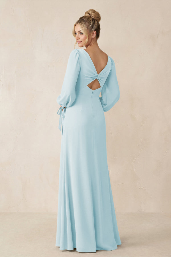 Square Neck Long Sleeve Sheath Chiffon Bridesmaid Dress in Sky Blue - SHE IS ME Bridesmaid Dresses