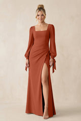Square Neck Long Sleeve Sheath Chiffon Bridesmaid Dress in Spice - KISS BRIDAL Bridesmaid Dresses