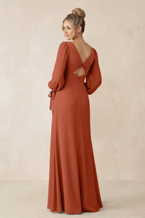 Square Neck Long Sleeve Sheath Chiffon Bridesmaid Dress in Spice - SHE IS ME Bridesmaid Dresses