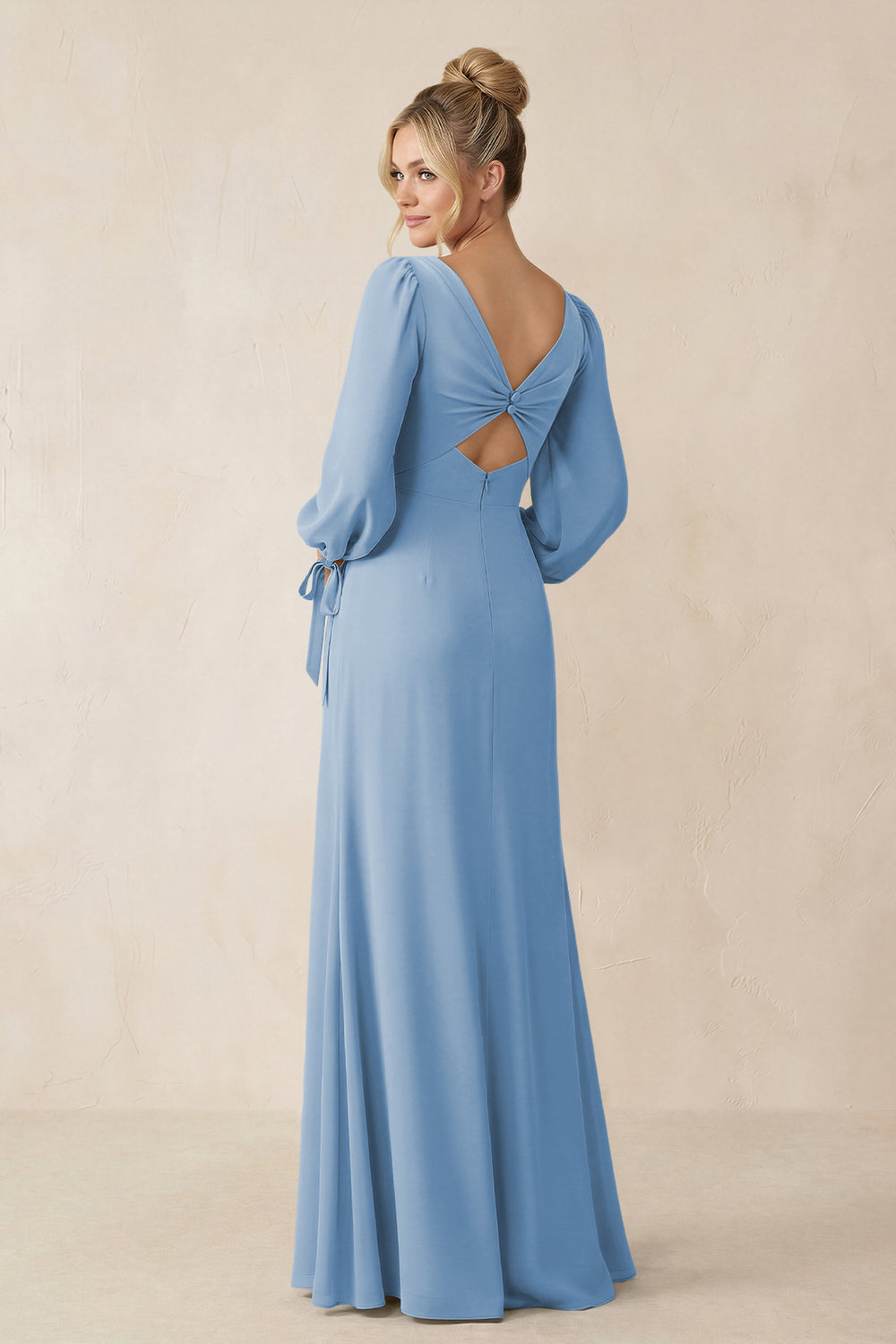 Square Neck Long Sleeve Sheath Chiffon Bridesmaid Dress in Steel Blue