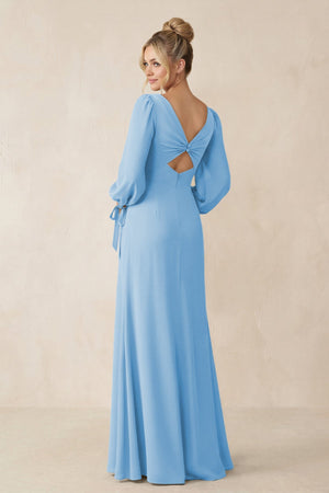 Square Neck Long Sleeve Sheath Chiffon Bridesmaid Dress in Steel Blue - SHE IS ME Bridesmaid Dresses