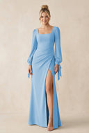 Square Neck Long Sleeve Sheath Chiffon Bridesmaid Dress in Steel Blue - SHE IS ME Bridesmaid Dresses