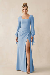 Square Neck Long Sleeve Sheath Chiffon Bridesmaid Dress in Steel Blue | KISSBRIDAL