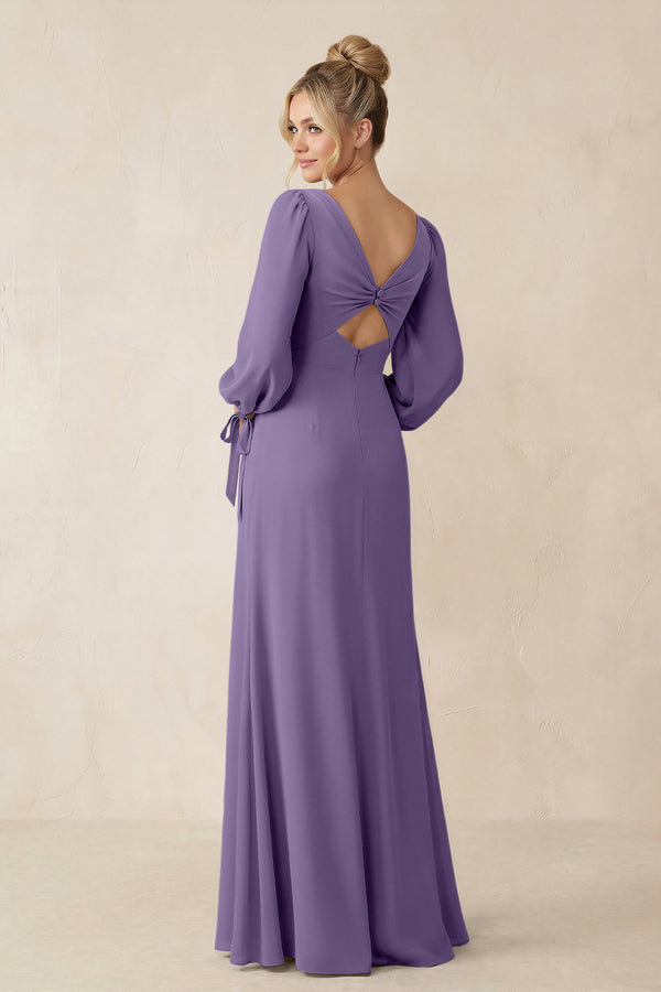Square Neck Long Sleeve Sheath Chiffon Bridesmaid Dress in Tahiti (2) | KISSBRIDAL