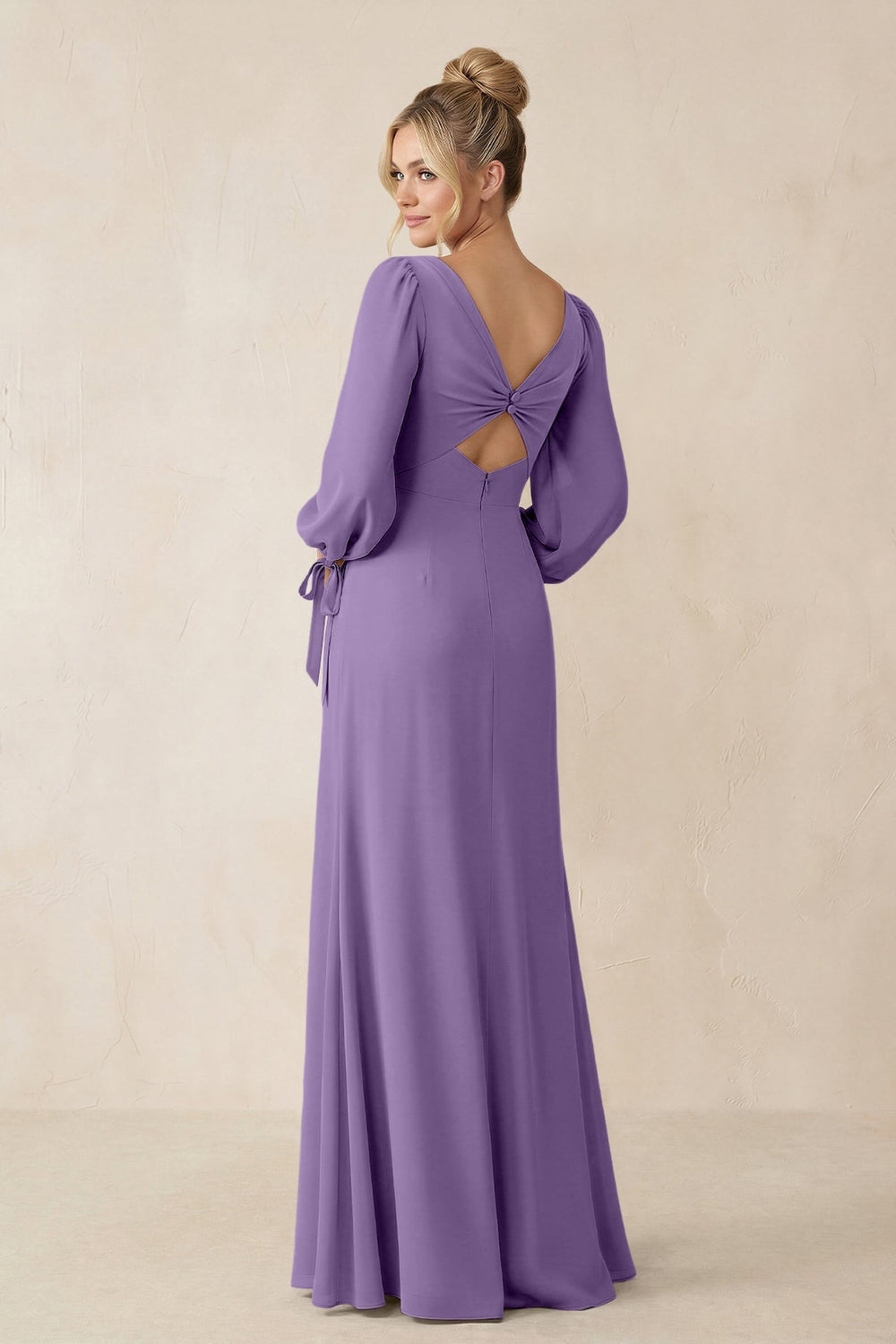 Square Neck Long Sleeve Sheath Chiffon Bridesmaid Dress in Tahiti - KISS BRIDAL Bridesmaid Dresses