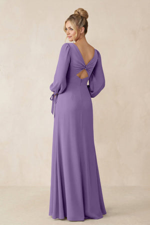 Square Neck Long Sleeve Sheath Chiffon Bridesmaid Dress in Tahiti - SHE IS ME Bridesmaid Dresses