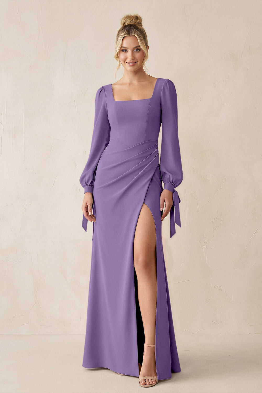 Square Neck Long Sleeve Sheath Chiffon Bridesmaid Dress in Tahiti - KISS BRIDAL Bridesmaid Dresses
