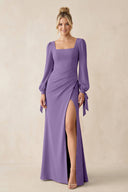 Square Neck Long Sleeve Sheath Chiffon Bridesmaid Dress in Tahiti - SHE IS ME Bridesmaid Dresses