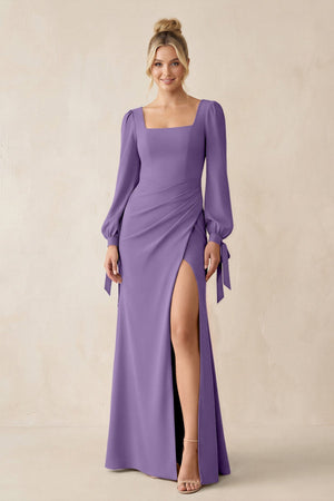 Square Neck Long Sleeve Sheath Chiffon Bridesmaid Dress in Tahiti - SHE IS ME Bridesmaid Dresses