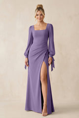 Square Neck Long Sleeve Sheath Chiffon Bridesmaid Dress in Tahiti | KISSBRIDAL
