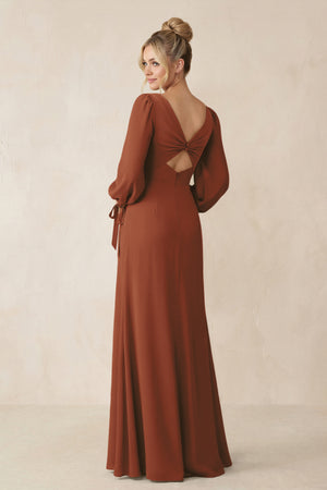 Square Neck Long Sleeve Sheath Chiffon Bridesmaid Dress in Terracotta (2) | KISSBRIDAL