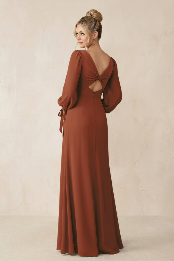 Square Neck Long Sleeve Sheath Chiffon Bridesmaid Dress in Terracotta (2) | KISSBRIDAL