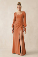 Square Neck Long Sleeve Sheath Chiffon Bridesmaid Dress in Terracotta - SHE IS ME Bridesmaid Dresses