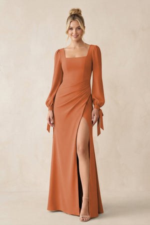 Square Neck Long Sleeve Sheath Chiffon Bridesmaid Dress in Terracotta - SHE IS ME Bridesmaid Dresses