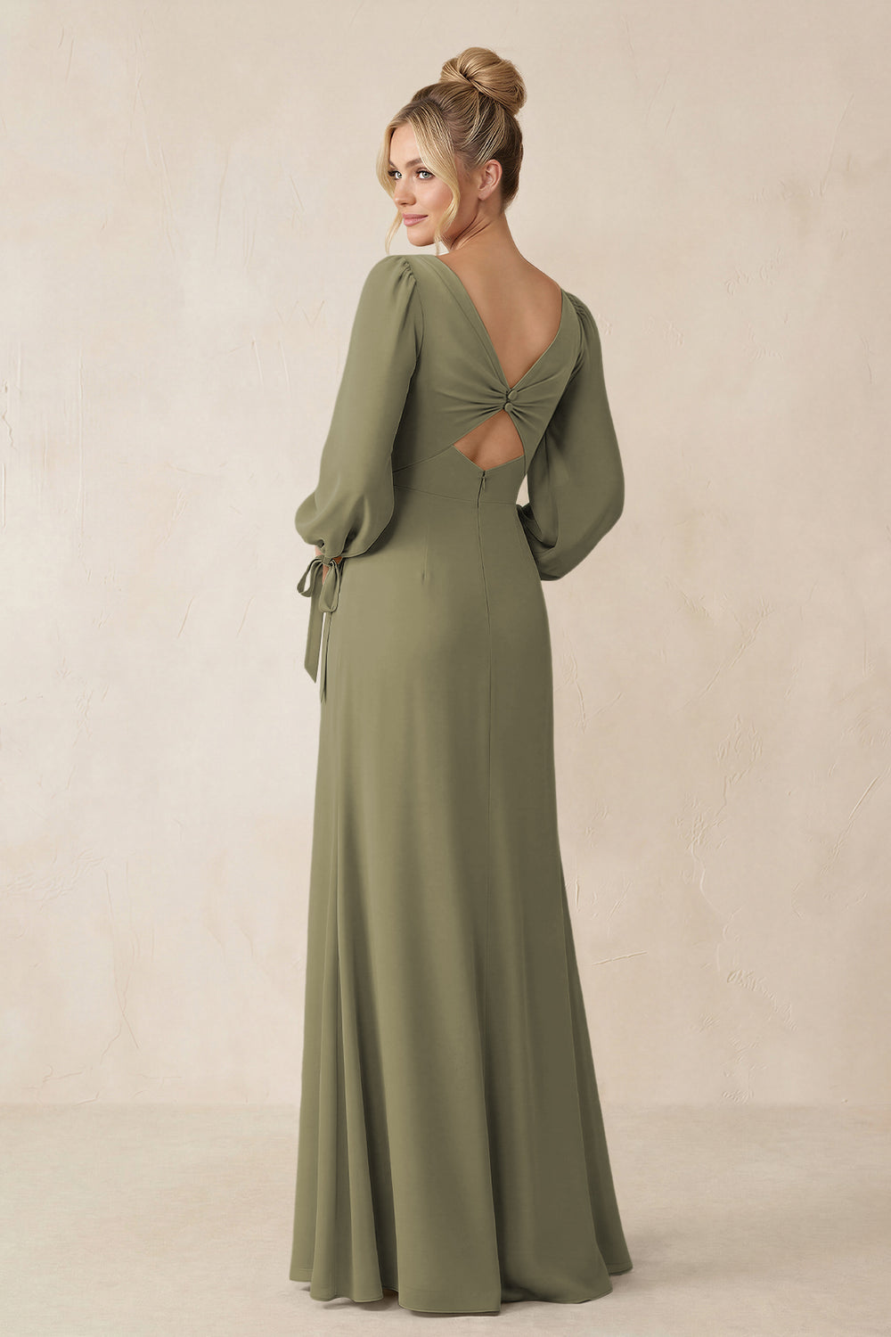 Square Neck Long Sleeve Sheath Chiffon Bridesmaid Dress in Thyme