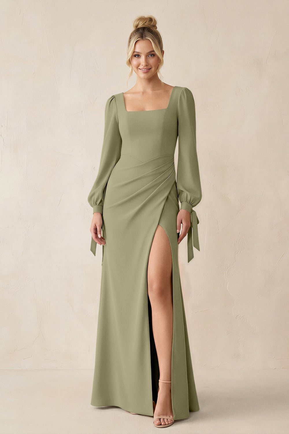 Square Neck Long Sleeve Sheath Chiffon Bridesmaid Dress in Thyme - KISS BRIDAL Bridesmaid Dresses