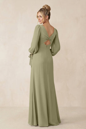 Square Neck Long Sleeve Sheath Chiffon Bridesmaid Dress in Thyme - SHE IS ME Bridesmaid Dresses