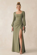 Square Neck Long Sleeve Sheath Chiffon Bridesmaid Dress in Thyme | KISSBRIDAL