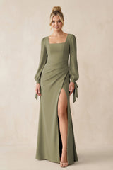Square Neck Long Sleeve Sheath Chiffon Bridesmaid Dress in Thyme | KISSBRIDAL