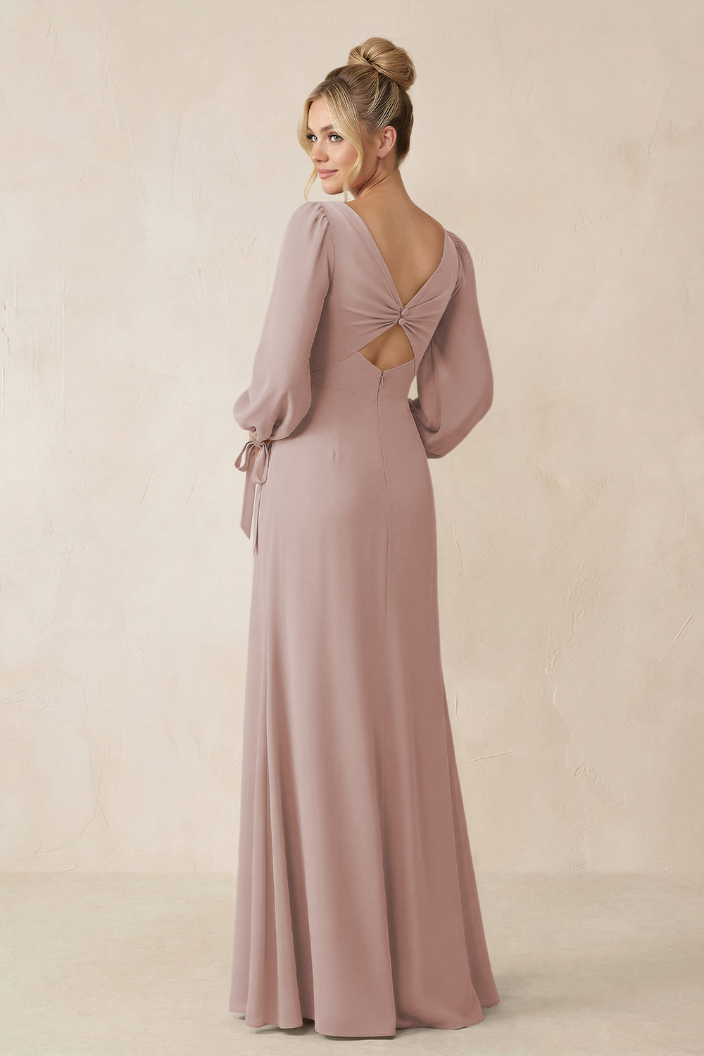 Square Neck Long Sleeve Sheath Chiffon Bridesmaid Dress in Toffee