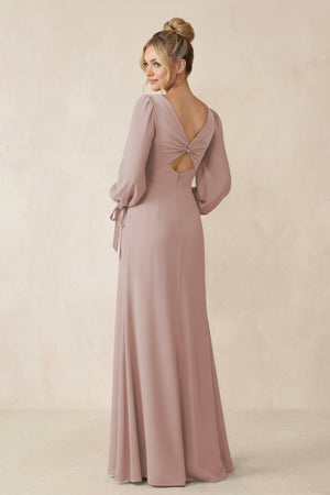 Square Neck Long Sleeve Sheath Chiffon Bridesmaid Dress in Toffee (2) | KISSBRIDAL
