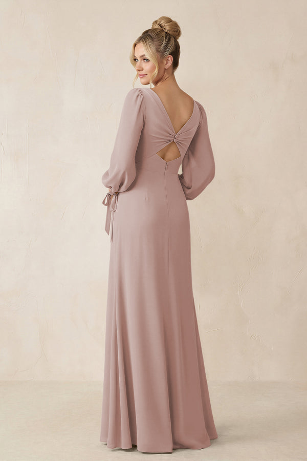 Square Neck Long Sleeve Sheath Chiffon Bridesmaid Dress in Toffee (2) | KISSBRIDAL