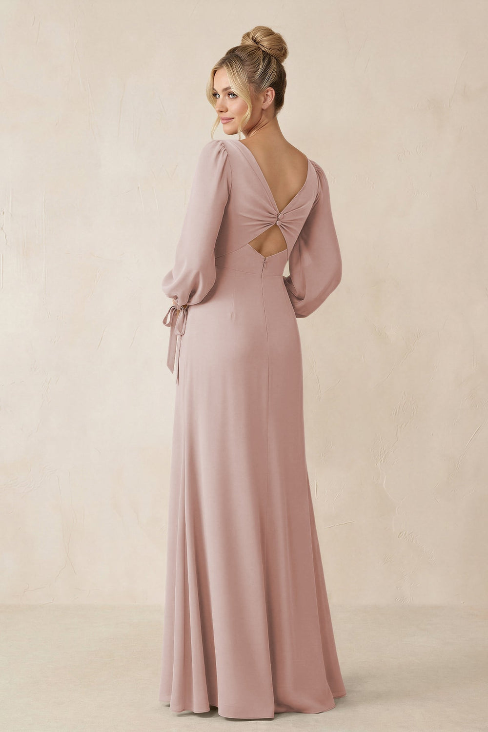Square Neck Long Sleeve Sheath Chiffon Bridesmaid Dress in Toffee - KISS BRIDAL Bridesmaid Dresses