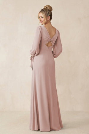 Square Neck Long Sleeve Sheath Chiffon Bridesmaid Dress in Toffee - SHE IS ME Bridesmaid Dresses
