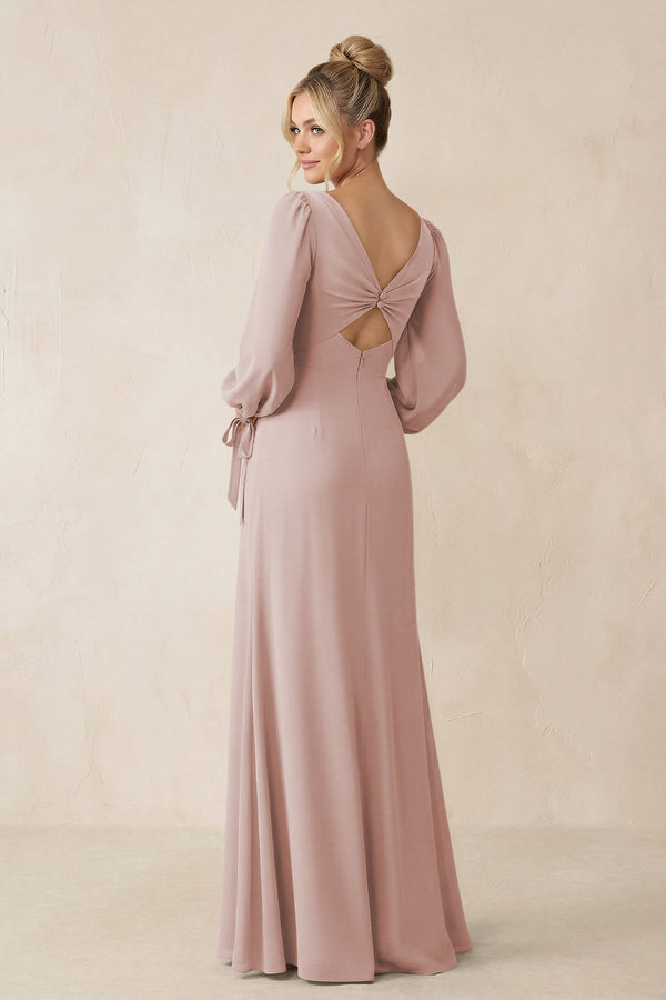Square Neck Long Sleeve Sheath Chiffon Bridesmaid Dress in Toffee - SHE IS ME Bridesmaid Dresses
