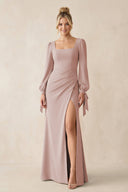 Square Neck Long Sleeve Sheath Chiffon Bridesmaid Dress in Toffee - SHE IS ME Bridesmaid Dresses
