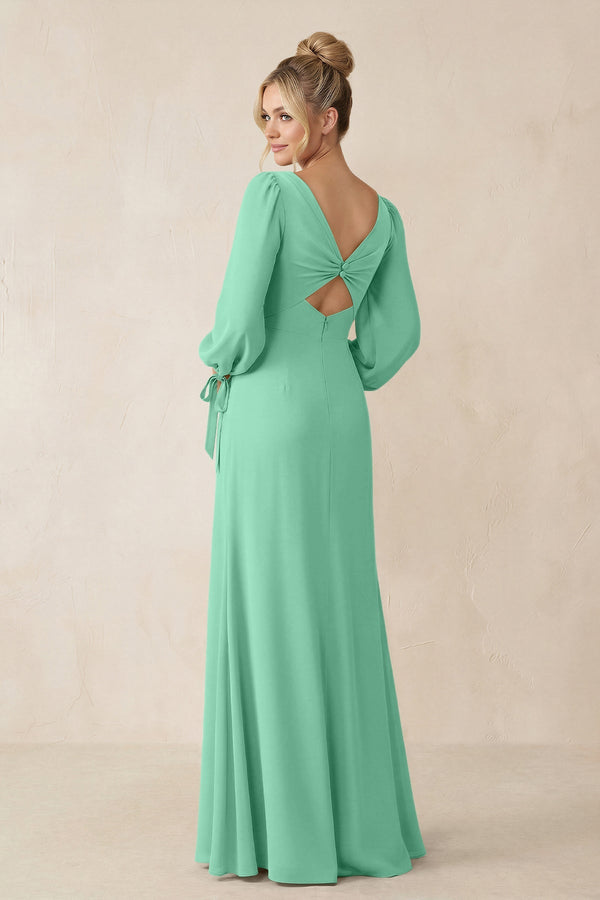 Square Neck Long Sleeve Sheath Chiffon Bridesmaid Dress in Turquoise - SHE IS ME Bridesmaid Dresses