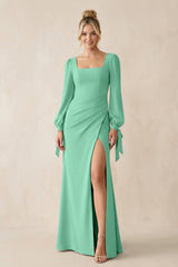 Square Neck Long Sleeve Sheath Chiffon Bridesmaid Dress in Turquoise - KISS BRIDAL Bridesmaid Dresses