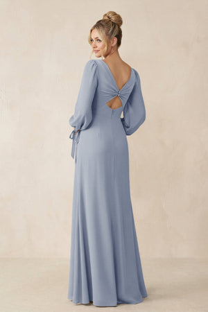 Square Neck Long Sleeve Sheath Chiffon Bridesmaid Dress in Twilight - SHE IS ME Bridesmaid Dresses