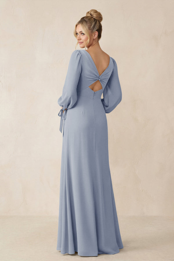 Square Neck Long Sleeve Sheath Chiffon Bridesmaid Dress in Twilight - SHE IS ME Bridesmaid Dresses