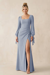 Square Neck Long Sleeve Sheath Chiffon Bridesmaid Dress in Twilight - KISS BRIDAL Bridesmaid Dresses