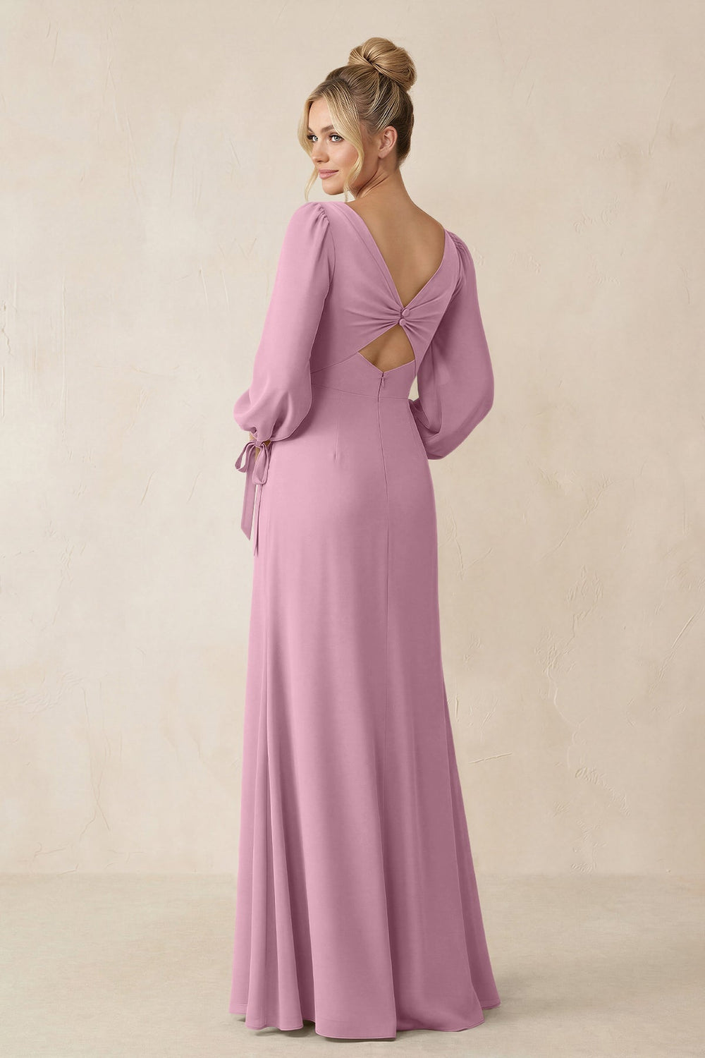 Square Neck Long Sleeve Sheath Chiffon Bridesmaid Dress in Vintage Mauve - KISS BRIDAL Bridesmaid Dresses