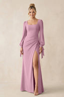 Square Neck Long Sleeve Sheath Chiffon Bridesmaid Dress in Vintage Mauve - SHE IS ME Bridesmaid Dresses