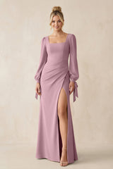 Square Neck Long Sleeve Sheath Chiffon Bridesmaid Dress in Vintage Mauve | KISSBRIDAL