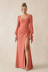 Square Neck Long Sleeve Sheath Chiffon Bridesmaid Dress in Wild Rose - KISS BRIDAL Bridesmaid Dresses