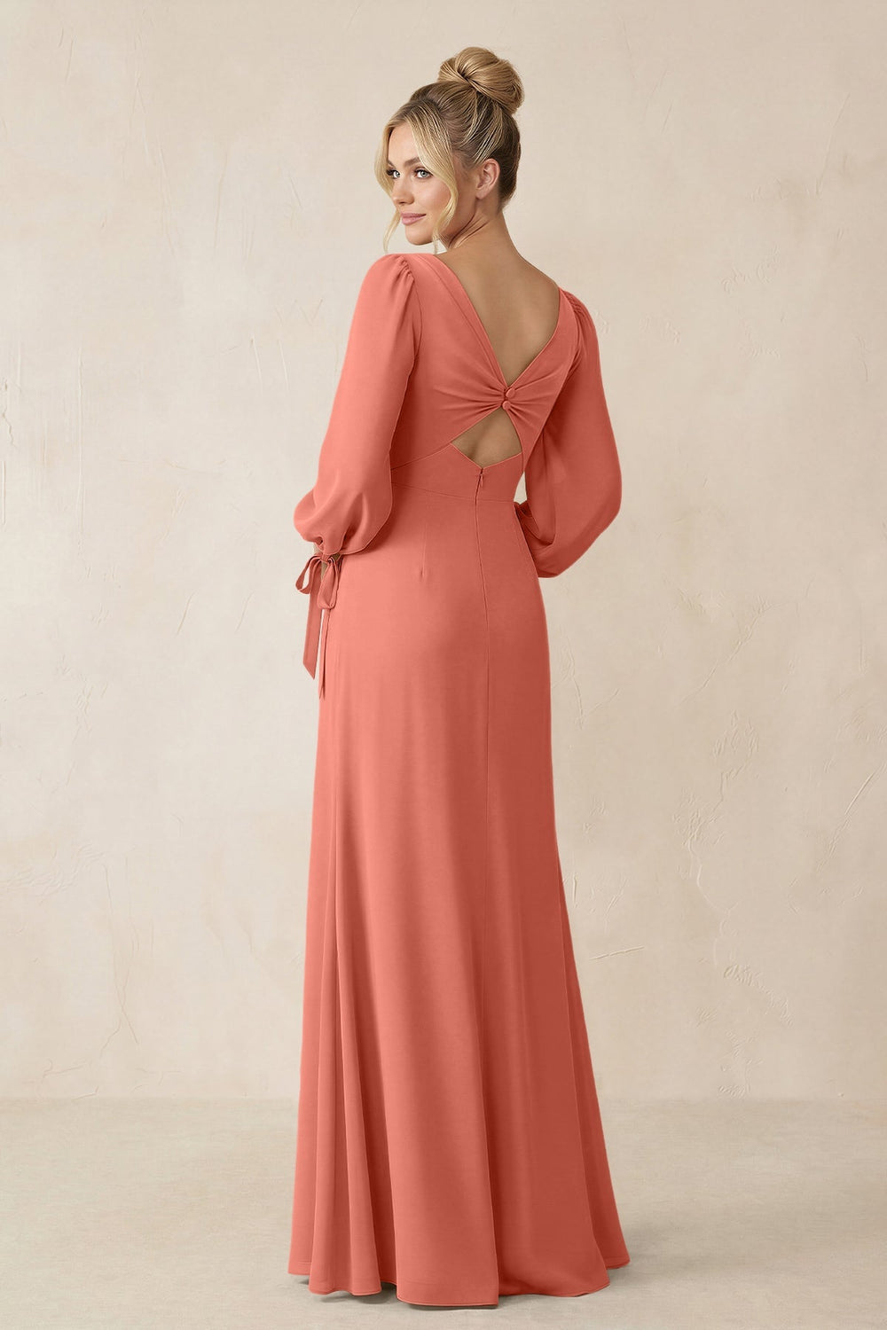 Square Neck Long Sleeve Sheath Chiffon Bridesmaid Dress in Wild Rose - KISS BRIDAL Bridesmaid Dresses
