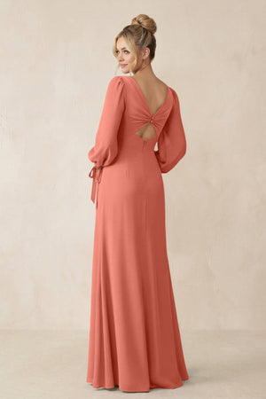 Square Neck Long Sleeve Sheath Chiffon Bridesmaid Dress in Wild Rose - SHE IS ME Bridesmaid Dresses