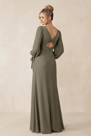 Square Neck Long Sleeve Sheath Chiffon Bridesmaid Dress in Willow Green - SHE IS ME Bridesmaid Dresses