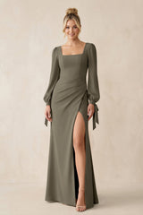 Square Neck Long Sleeve Sheath Chiffon Bridesmaid Dress in Willow Green - KISS BRIDAL Bridesmaid Dresses