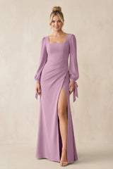 Square Neck Long Sleeve Sheath Chiffon Bridesmaid Dress in Wisteria - KISS BRIDAL Bridesmaid Dresses