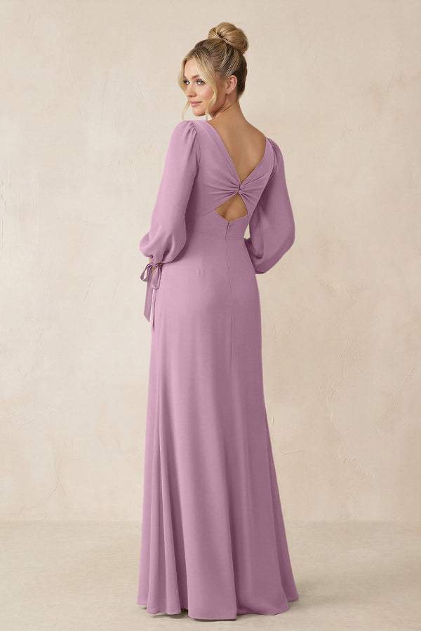 Square Neck Long Sleeve Sheath Chiffon Bridesmaid Dress in Wisteria - SHE IS ME Bridesmaid Dresses