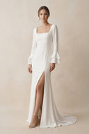Square Neck Long Sleeve Wedding Dress with Slit in White - SHE IS ME Wedding Dresses
