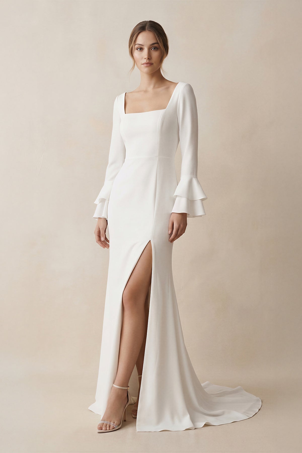 Sheisme | Square Neck Long Sleeve Organza Wedding Dress With Slit