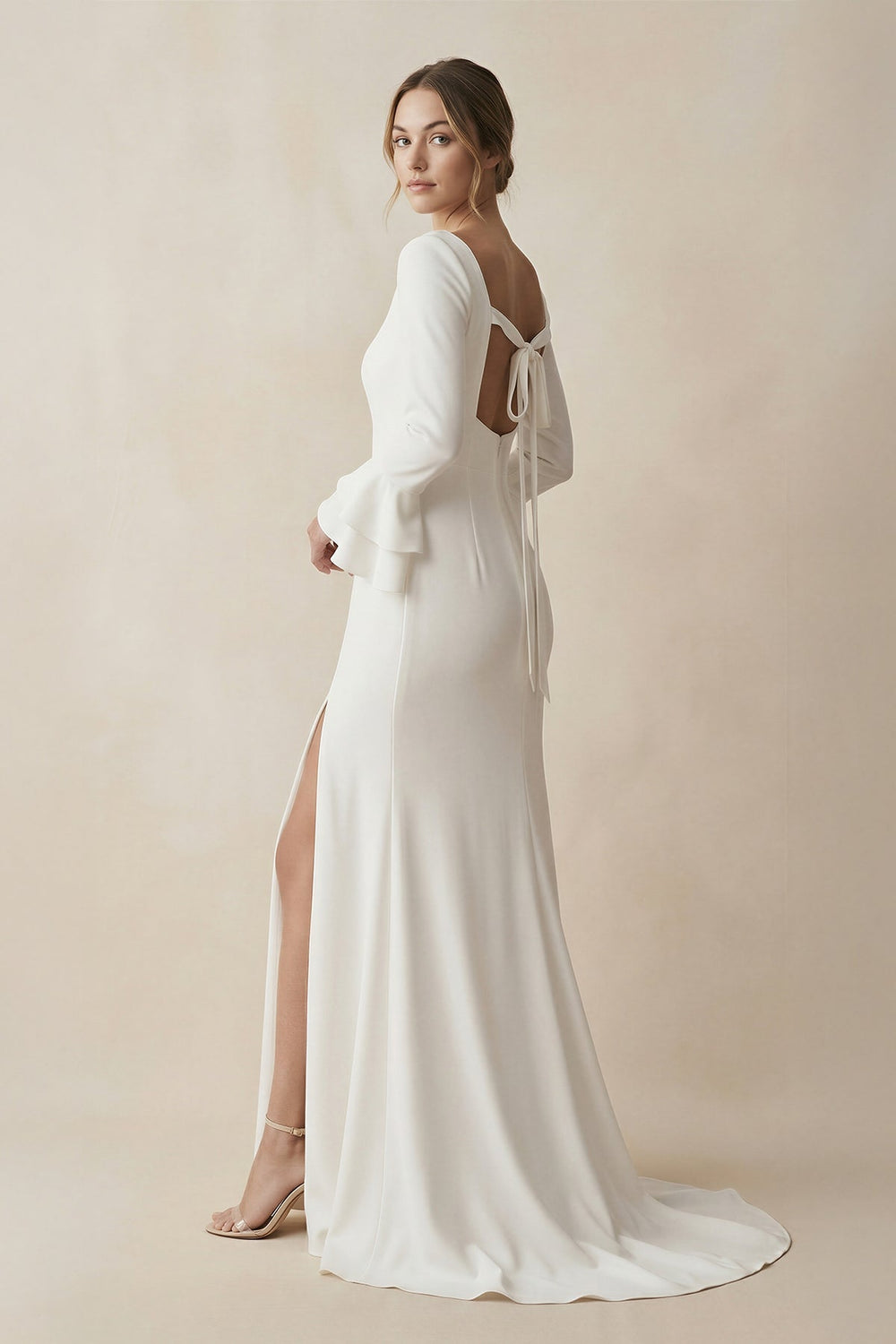 Square Neck Long Sleeve Wedding Dress with Slit in White - SHE IS ME Wedding Dresses